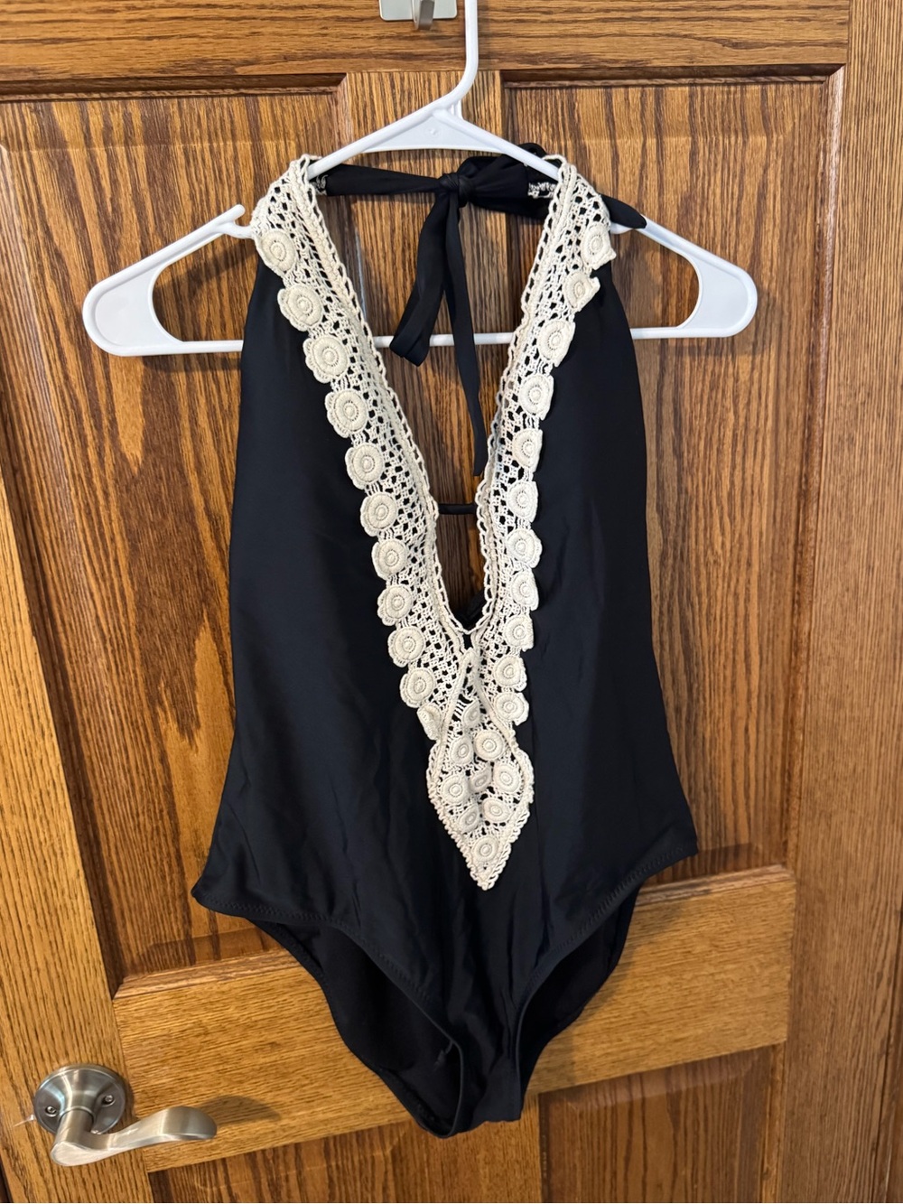 Black One-Piece Swim Suit with Cream Crochet V-Neck